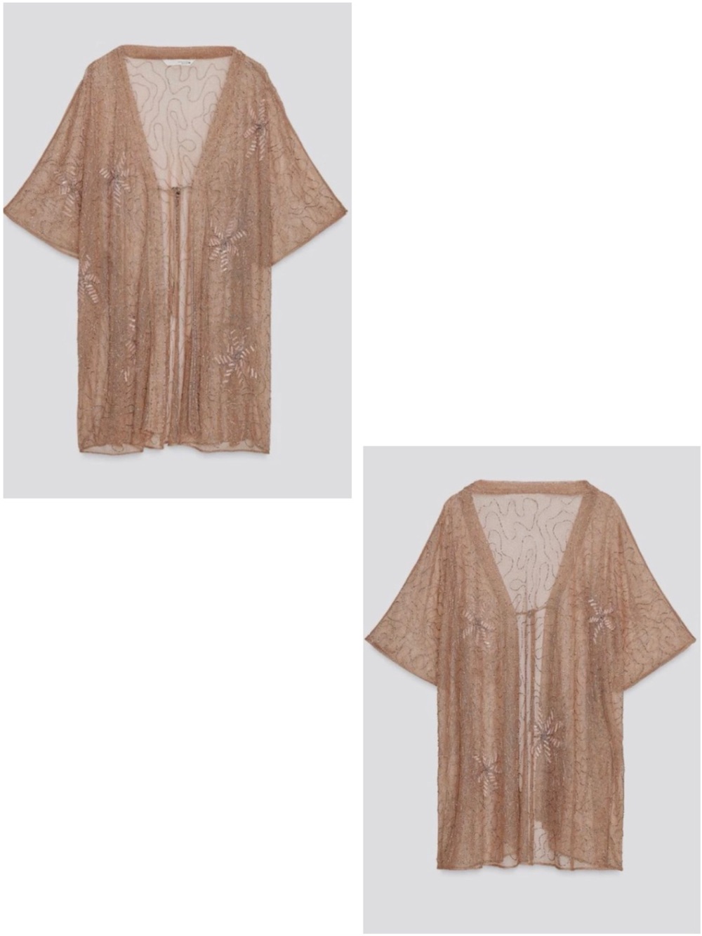 Zara Sequin Beaded Embroidered Kimono Blouse Kaftan Sheer Beige Pink Med - Large - Picture 15 of 16